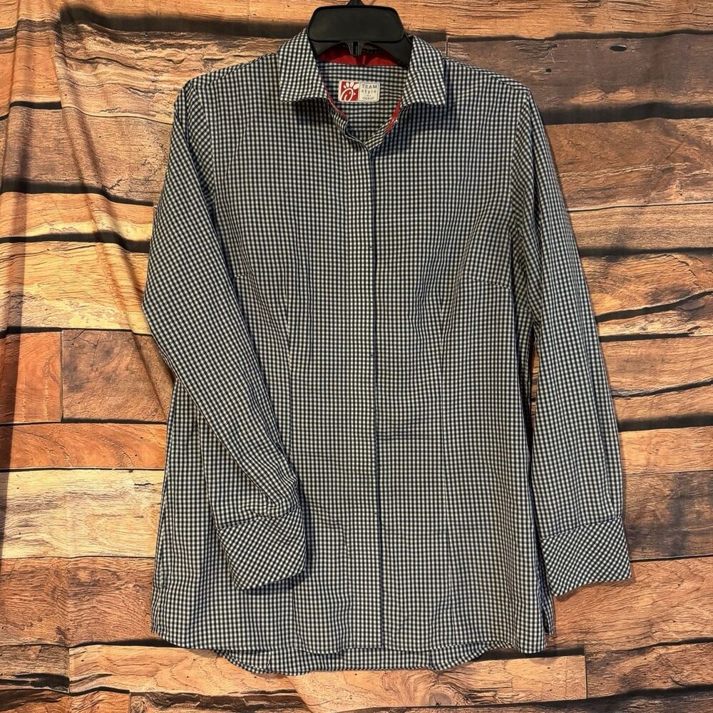 Chick-fil-A Blue White Plaid Oobe Team Style Work Shirt Uniform Top Womens M